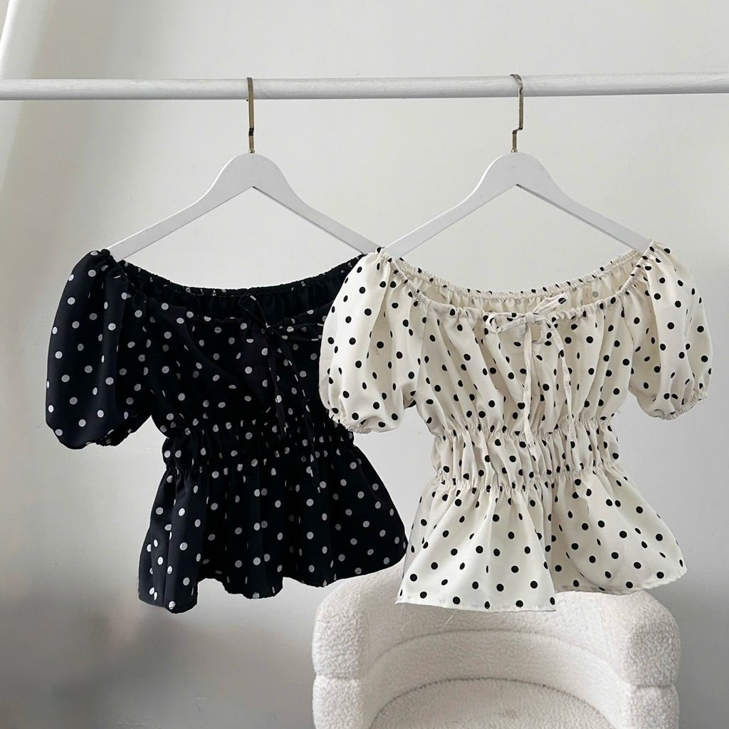 Áo Cổ Vuông Tay Ngắn Phồng Thắt Nơ Ngực Viền Bụng Chấm Bi Form Xoè Babydoll | BigBuy360 - bigbuy360.vn