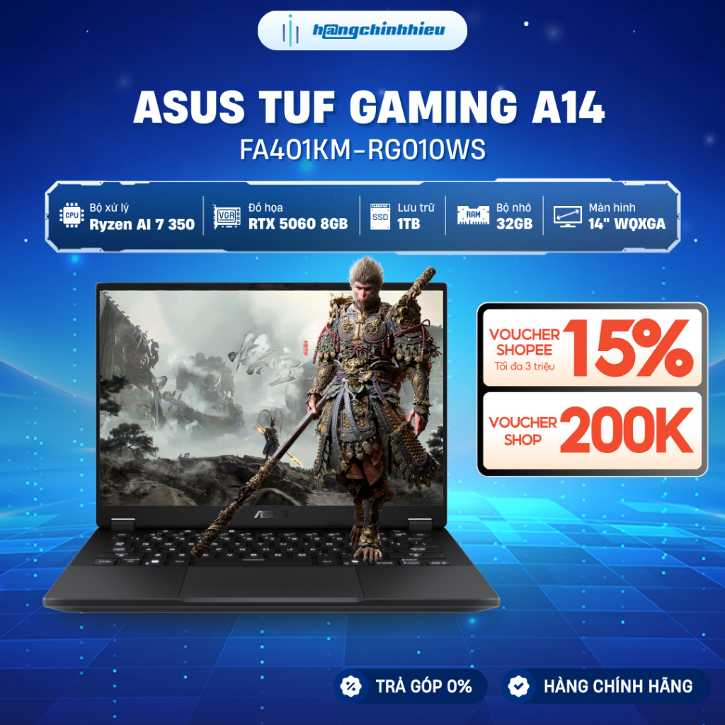 Laptop ASUS Gaming TUF A14 FA401KM-RG010WS Chip Ryzen AI 7 350 Card đồ họa GeForce RTX™ 5060 8GB