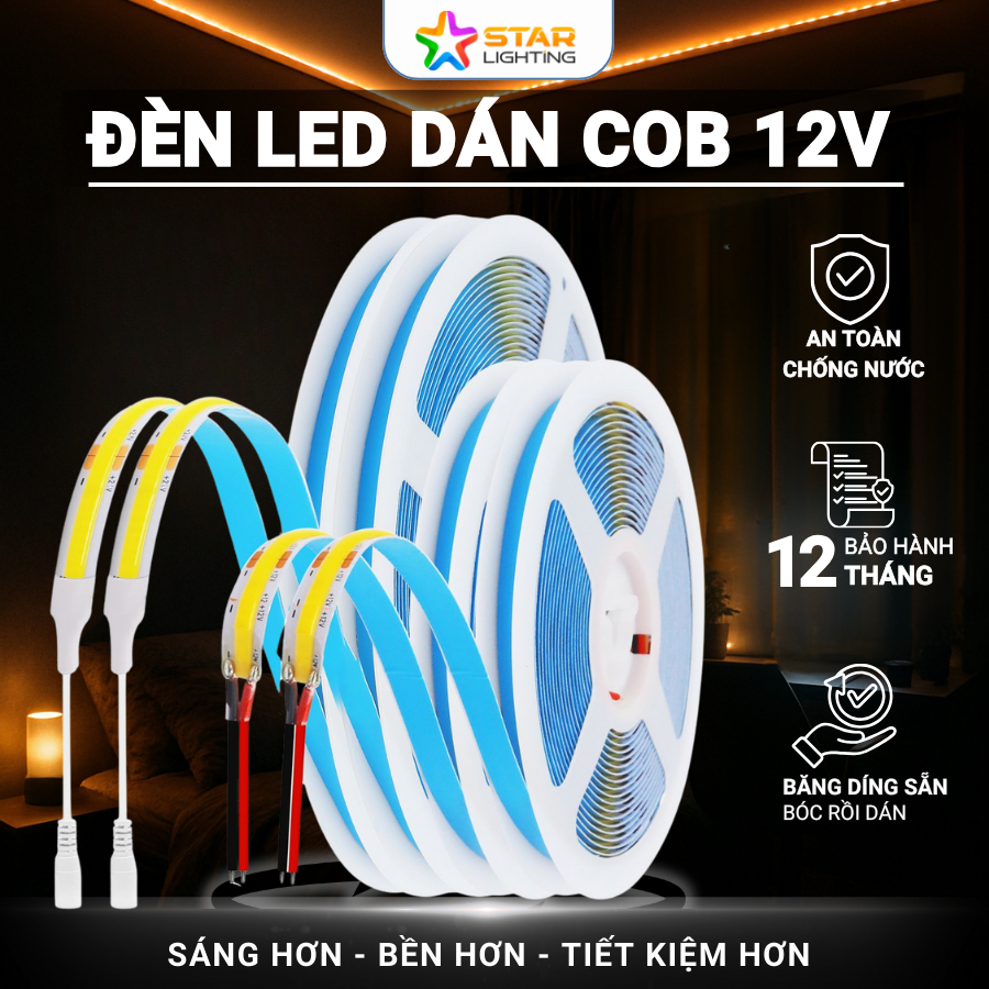 Dây Led dán COB - 320leds/M, chống nước, cuộn 5m, trang trí nội thất