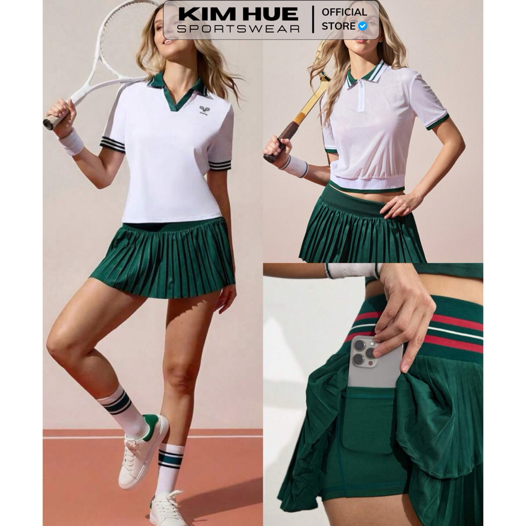 Áo polo cộc tay trắng cổ V xanh lá Tennis-Áo polo cộc tay trắng lưới viền xanh khoá trước-Chân váy x