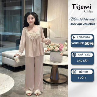  Pijama nữ lụa hồng nhún bèo cổ viền ren tay dài đồ ngủ nữ tiểu thư sang chảnh HCOM26434 