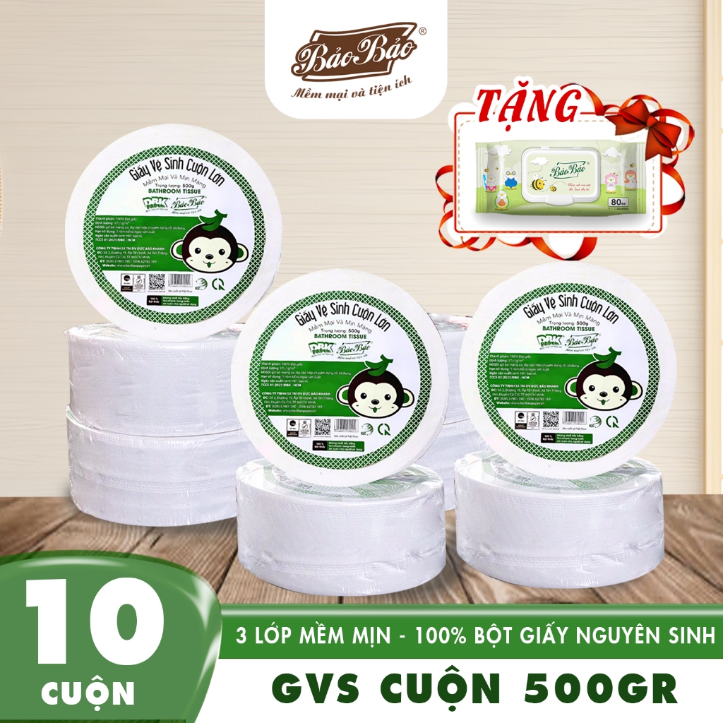 Giấy vệ sinh công nghiệp cuộn lớn 500g Bảo Bảo [ Combo 3 - 5 -10 ] - Mềm Mịn, Không Bụi, Tan Nhanh