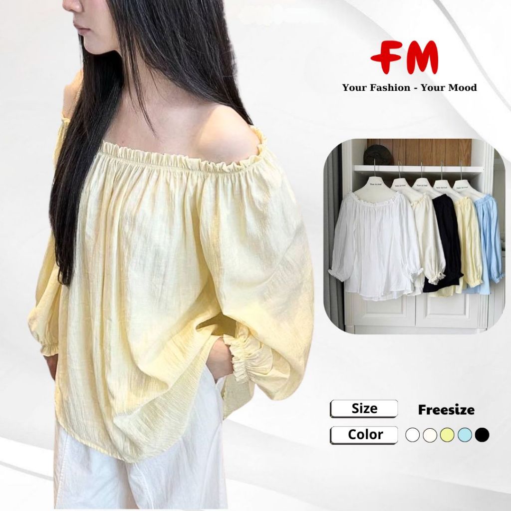 Áo Kiểu Trễ Vai Nữ FMSTYLE Tay Dài nhún thắt dây sau Form rộng thoải mái Freesize 25080137