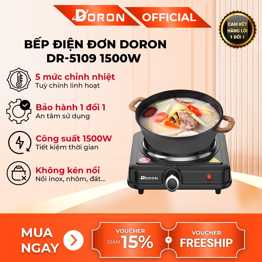 Bếp đun nấu mini DORON 1500W kiểu dáng hiện đại, màu đen sang trọng