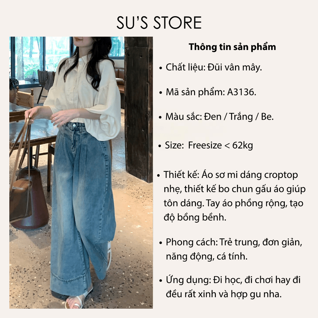 Áo Sơ Mi Dáng Croptop Tay Bồng Chun Dưới A3136 Susstore Thời Trang Nữ Bigsize | BigBuy360 - bigbuy360.vn