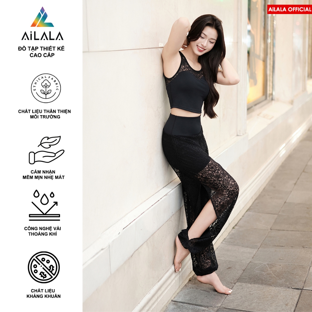 Set Yoga Gym Thể Thao AiLALA LUX02B, Quần Alibaba xẻ tà, Cạp Cao, Ren Jacquard Thượng Hạng