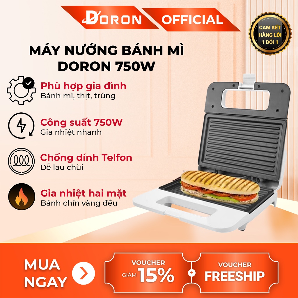 Máy ép nướng bánh mì DORON 750W - Nướng thịt, sandwich , xúc xích - Chống dính, dễ vệ sinh