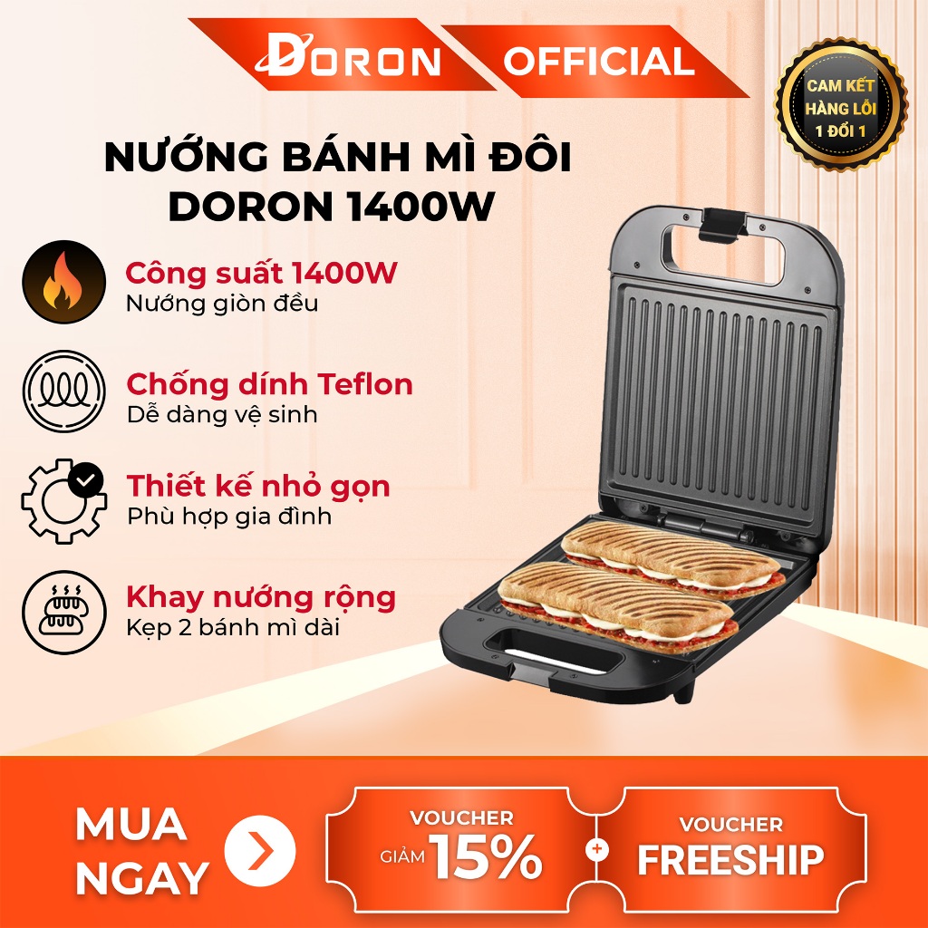 Máy kẹp nướng bánh mì DORON 1400W màu sắc hiện đại, kiểu dáng sang trọng