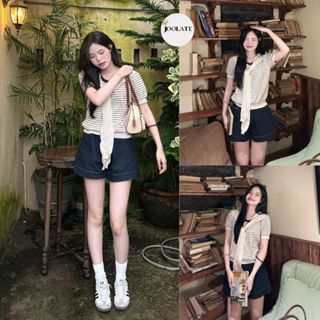 Áo Len Mongtoghi Kẻ Joolate Phối Khăn Muối Tiêu Freesize Style Tiểu Thư