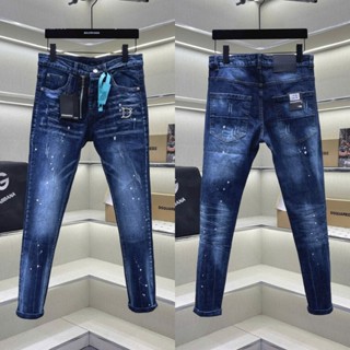Quần jean bò nam PB slimfit trơn wash xanh bạc vảy sơn loang tag logo D2 đùi khoá lệch 4 cúc basic QJ734P