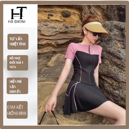 [ BKN 999 ] Size (M-L-XL) Bộ áo tắm, sét đồ bơi đi biển kín đáo, áo tay ngắn váy xòe phối viền tôn dáng HÀ BIKINI | BigBuy360 - bigbuy360.vn