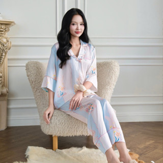 Bộ Pijama Lụa Tay Lửng Dreaming Garden Màu Hồng Pastel - Đồ Ngủ Pyjama Thiết Kế Sang Trọng ELRever - 0825S40