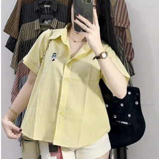  Áo Sơ Mi Kẻ Sọc Tay Ngắn Dáng Lửng Thêu Gấu Xinh Form Rộng Vừa <62kg Chất Đũi Xịn Mềm Mát A1159 | SUBICI 