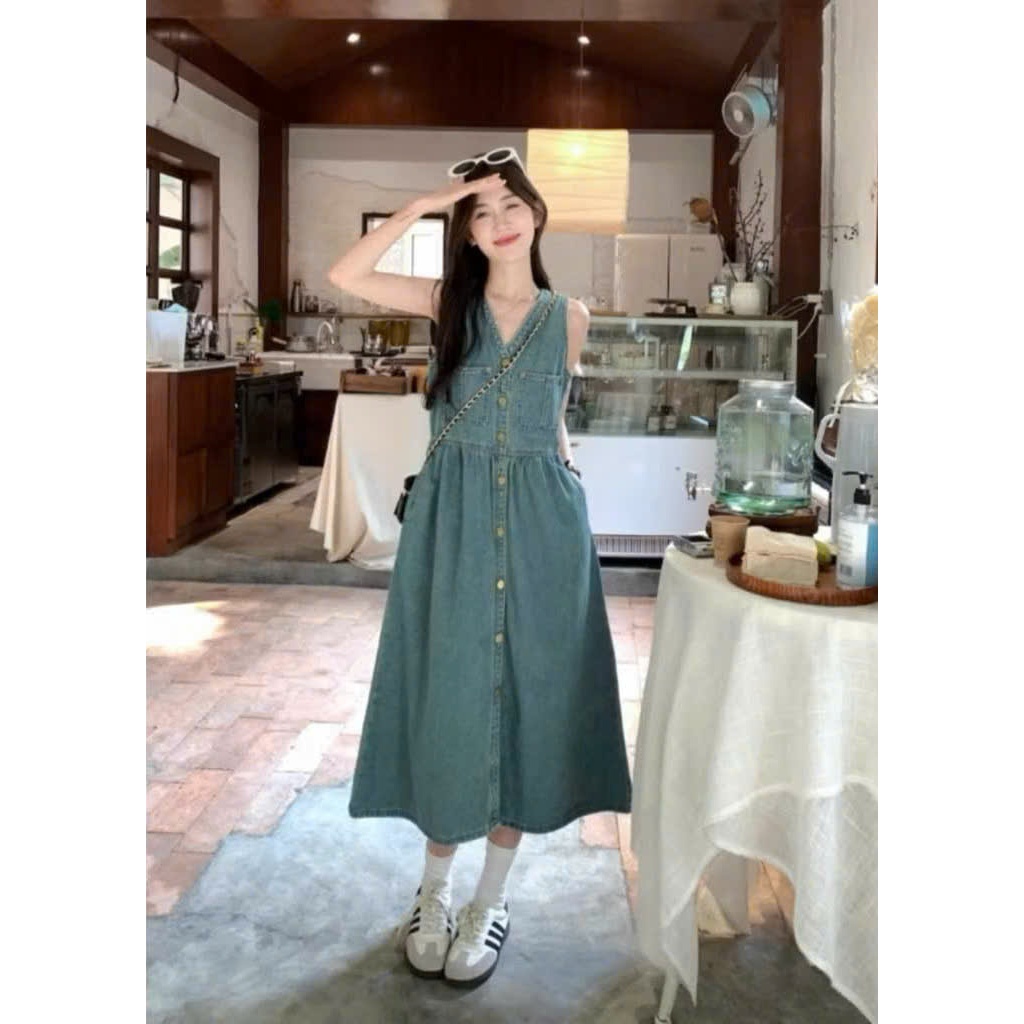  Váy Jean liền thân sát nách cổ V dáng xuông dài chữ A xòe babydoll đầm yếm jeans loại 1 thiết kế retro style cho nữ 