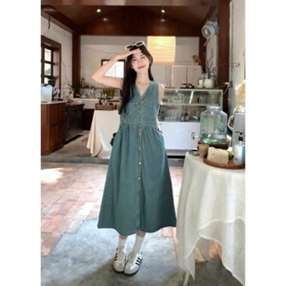  Váy Jean liền thân sát nách cổ V dáng xuông dài chữ A xòe babydoll đầm yếm jeans loại 1 thiết kế retro style cho nữ 