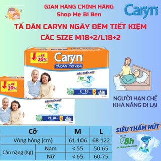 Bỉm/Tã dán người lớn, người già, mẹ sau sinh Caryn Ngày và Đêm M18+4 L18+2=20 miếng và ML10 miếng