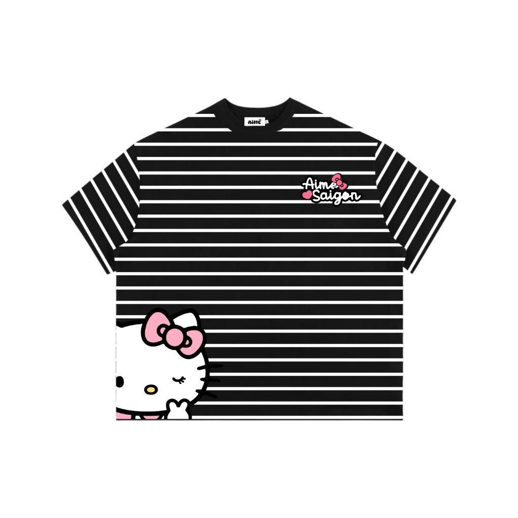 Áo Thun Boxy AIMÉ Sọc Ngang Cổ Tròn Chất Borip QC Striped "CHỮ - Mèo Kitty" Form Rộng Áo Phông Nữ Kiểu Đẹp Nam Nữ Basic | BigBuy360 - bigbuy360.vn