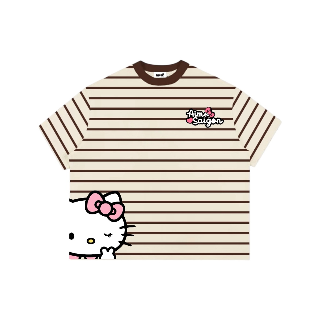 Áo Thun Boxy AIMÉ Sọc Ngang Cổ Tròn Chất Borip QC Striped "CHỮ - Mèo Kitty" Form Rộng Áo Phông Nữ Kiểu Đẹp Nam Nữ Basic | BigBuy360 - bigbuy360.vn