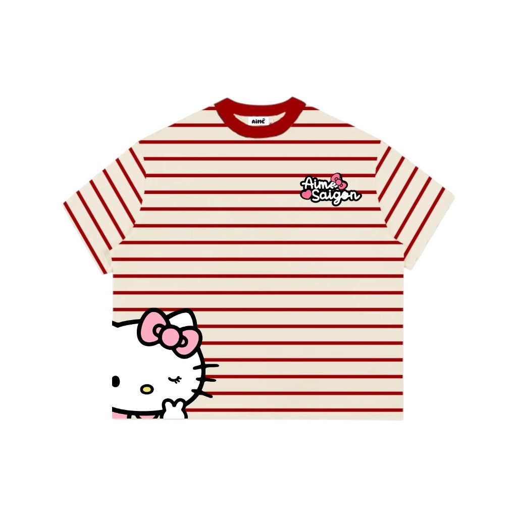 Áo Thun Boxy AIMÉ Sọc Ngang Cổ Tròn Chất Borip QC Striped "CHỮ - Mèo Kitty" Form Rộng Áo Phông Nữ Kiểu Đẹp Nam Nữ Basic | BigBuy360 - bigbuy360.vn