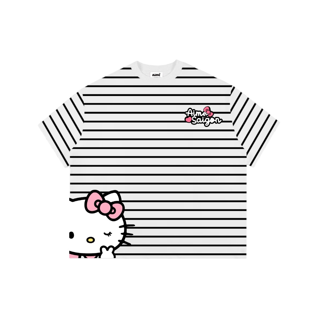 Áo Thun Boxy AIMÉ Sọc Ngang Cổ Tròn Chất Borip QC Striped "CHỮ - Mèo Kitty" Form Rộng Áo Phông Nữ Kiểu Đẹp Nam Nữ Basic | BigBuy360 - bigbuy360.vn