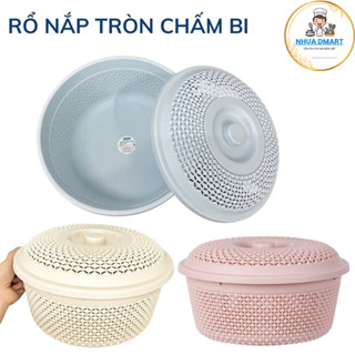  rổ nắp tròn chấm bi nhựa cao cấp đựng đồ tiện lợi giỏ để đồ đa năng rửa rau củ quả 3268 