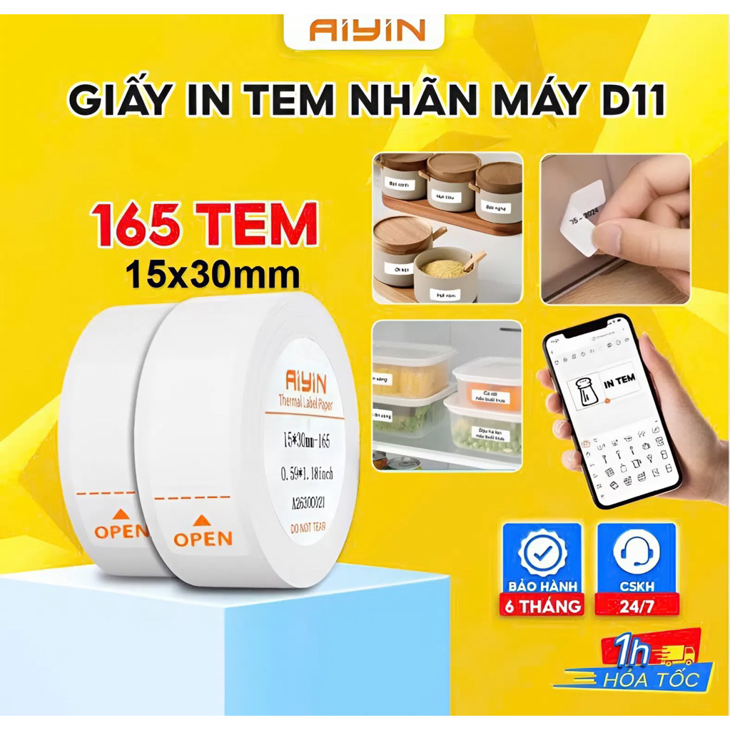 Giấy in tem nhãn D11 Aiyin Pikdik, cuộn 165 tem kích thước 15x30mm cho máy in D11 dạng cuộn tròn, có