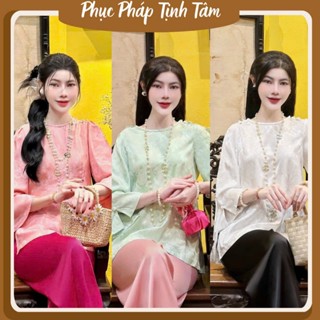 Bộ Pháp Phục Thiết Kế Cổ Tròn Đính Cầu Vai Chữ Thọ Lụa Tô Châu Cao Cấp - Pháp Phục Tịnh Tâm