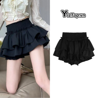 YizTop Chân Váy Xoè Coquette 2 Tầng Trắng Đen Bèo Ngắn Phồng Chất Đũi Lưng Chun Có Quần Bảo Hộ