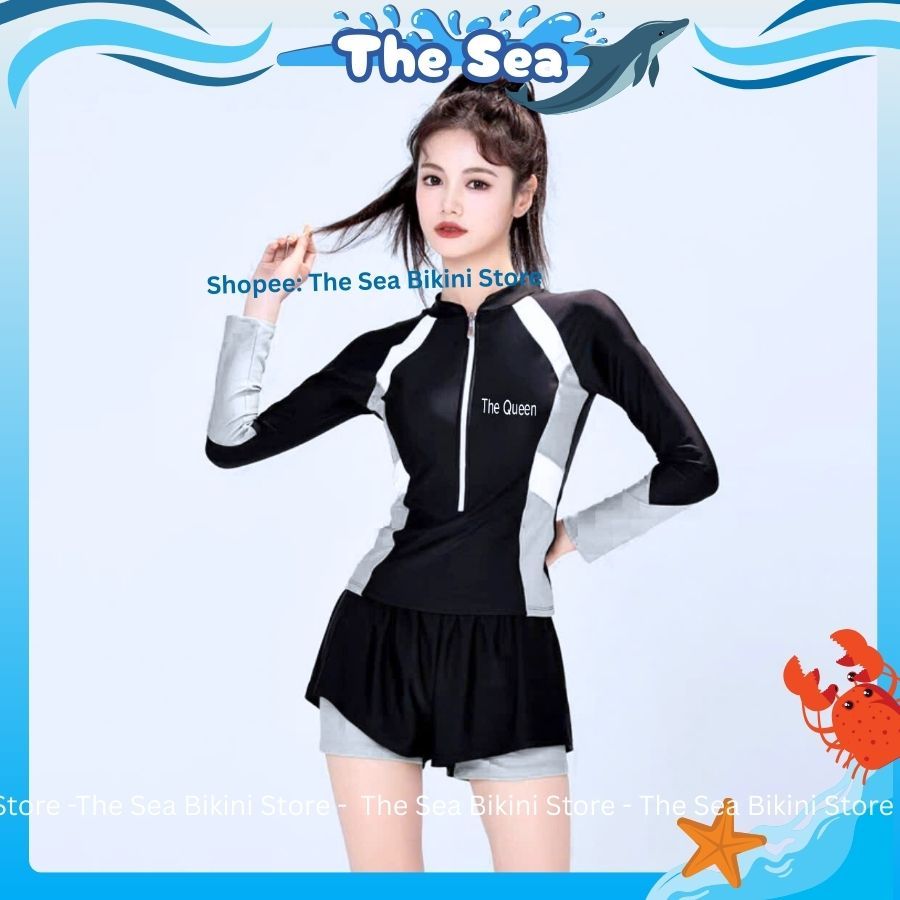 Đồ bơi nữ Hàn Quốc bikini kín đáo áo tay dài đen phối xám có khóa kéo quần đùi ngắn 2 lớp The Sea 051 | BigBuy360 - bigbuy360.vn