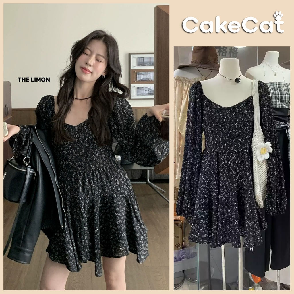  Váy Hoa Nhí Tay Dài Nữ Chất Voan Dáng Xòe Có Dây Buộc Sau Hàn Quốc Cakecat Nữ Tính Dễ Phối Đồ 