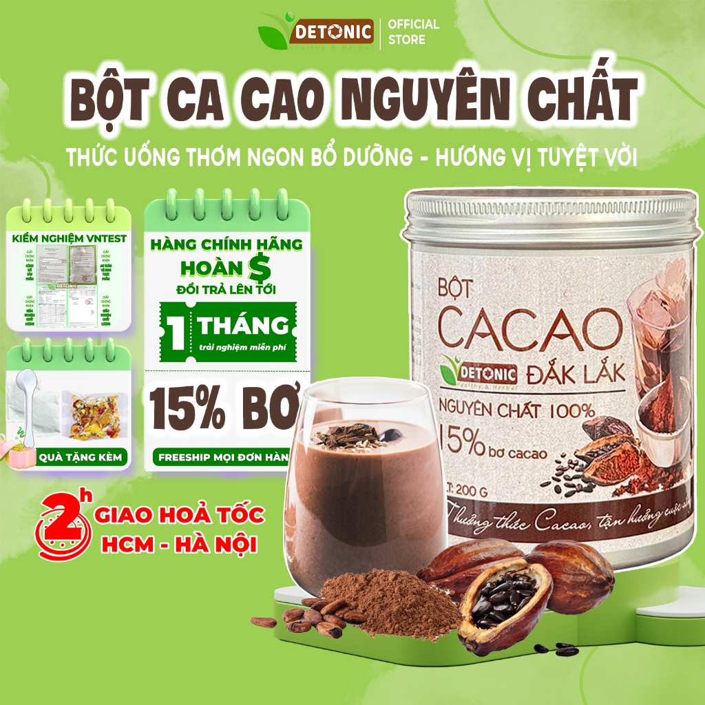 Bột Cacao Nguyên Chất DETONIC 15% bơ cacao thượng hạng, thơm tự nhiên vị đắng nguyên bản không đường gu truyền thống