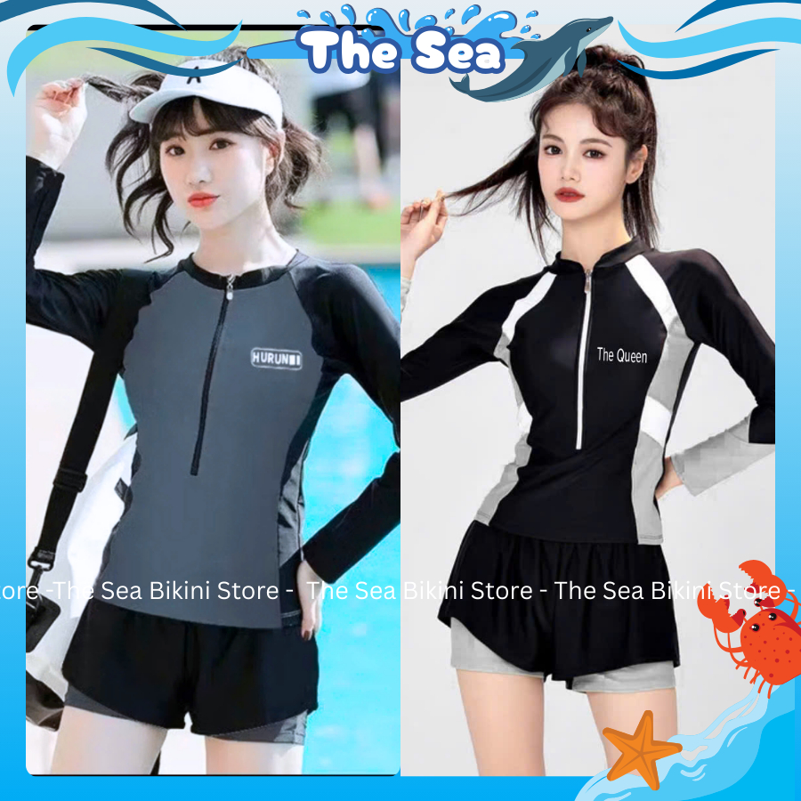 Đồ bơi nữ Hàn Quốc bikini kín đáo áo tay dài đen phối xám có khóa kéo quần đùi ngắn 2 lớp The Sea 051 | BigBuy360 - bigbuy360.vn