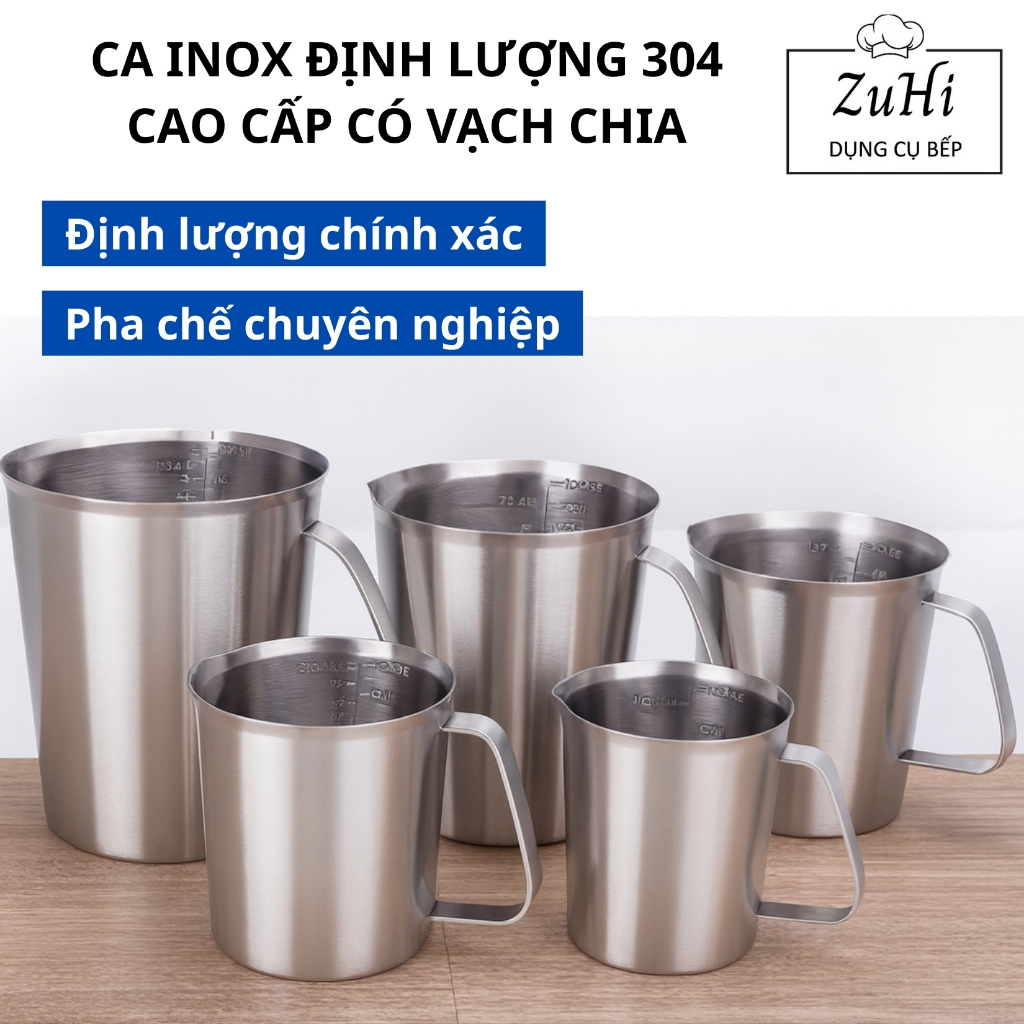 Ca inox định lượng 304, ca đong inox 304 có vạch chia ml đo lường chính xác an toàn bền bỉ