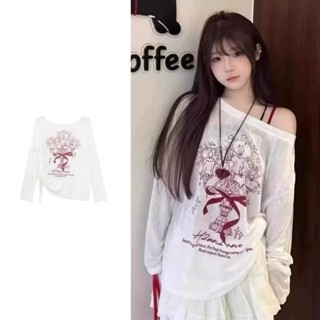 Áo thun giấy cổ tròn kiểu nữ tay dài in nơ Coquette Balletcore,áo phông lệch vai chất mềm dễ mặc form rộng hottrend