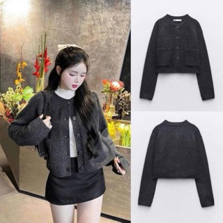  Áo Len Cardigan Z.R cổ tròn màu xám lông chuột dáng ngắn chất len mịn hàng chuẩn QC loại 1 