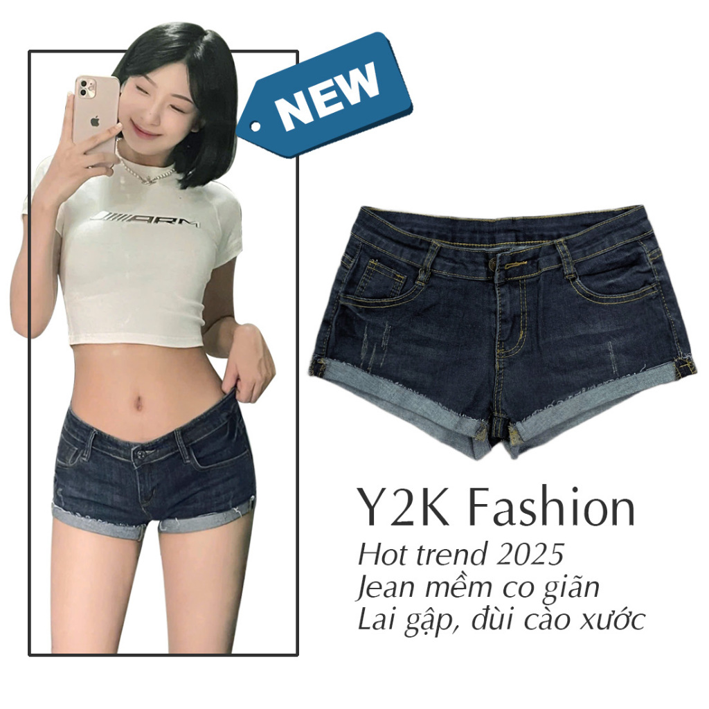  A22 - Quần jean bò dance lai gập short ngắn lưng thấp trendy cạp trễ xanh đậm ôm đùi tôn dáng cá tính co dãn tập nhảy  
