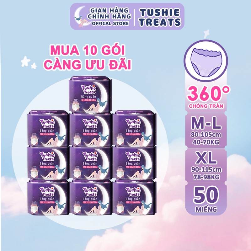 [SET 50 MIẾNG] Tushie Treats- Quần băng vệ sinh bản nâng cấp siêu mềm, siêu thấm, BVS dạng quần đủ s