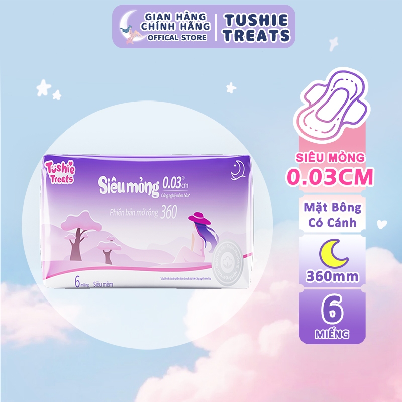 【BVS 36cm】Tushie Treats- Băng vệ sinh ban đêm cao cấp cho phái nữ, bvs mặt bông độ dài 36cm, túi 6 miếng