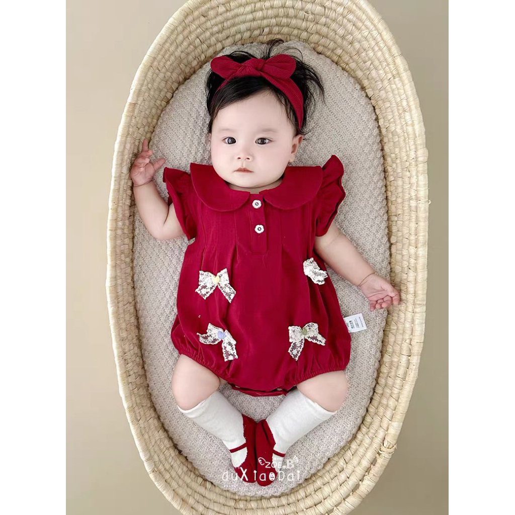 Bodysuit cho bé gái SUSHI BABY SHOP đồ liền thân sơ sinh màu đỏ đính nơ váy công chúa đầm đầy tháng 
