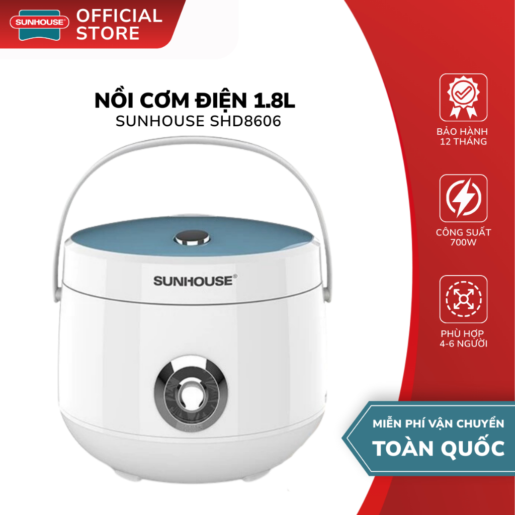 Nồi Cơm Điện Sunhouse SHD8606 - Dung Tích 1.8L , Công Suất 700W ,  Bảo Hành Chính Hãng 12 Tháng