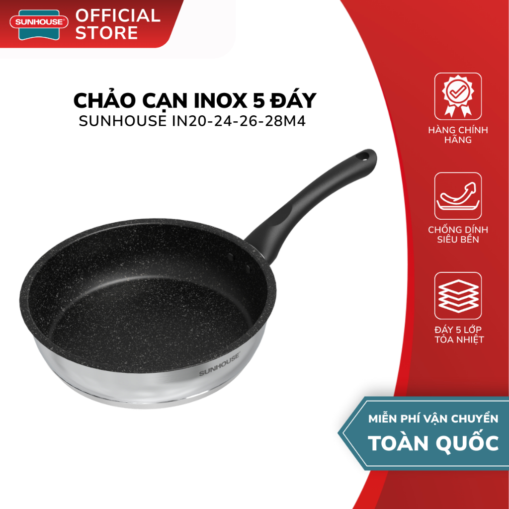 Chảo Cạn Inox 5 Đáy Sunhouse IN20M4 - IN24M4 - IN26M4  - Thiết Kế Hiện Đại , Dùng Cho Mọi Loại Bếp