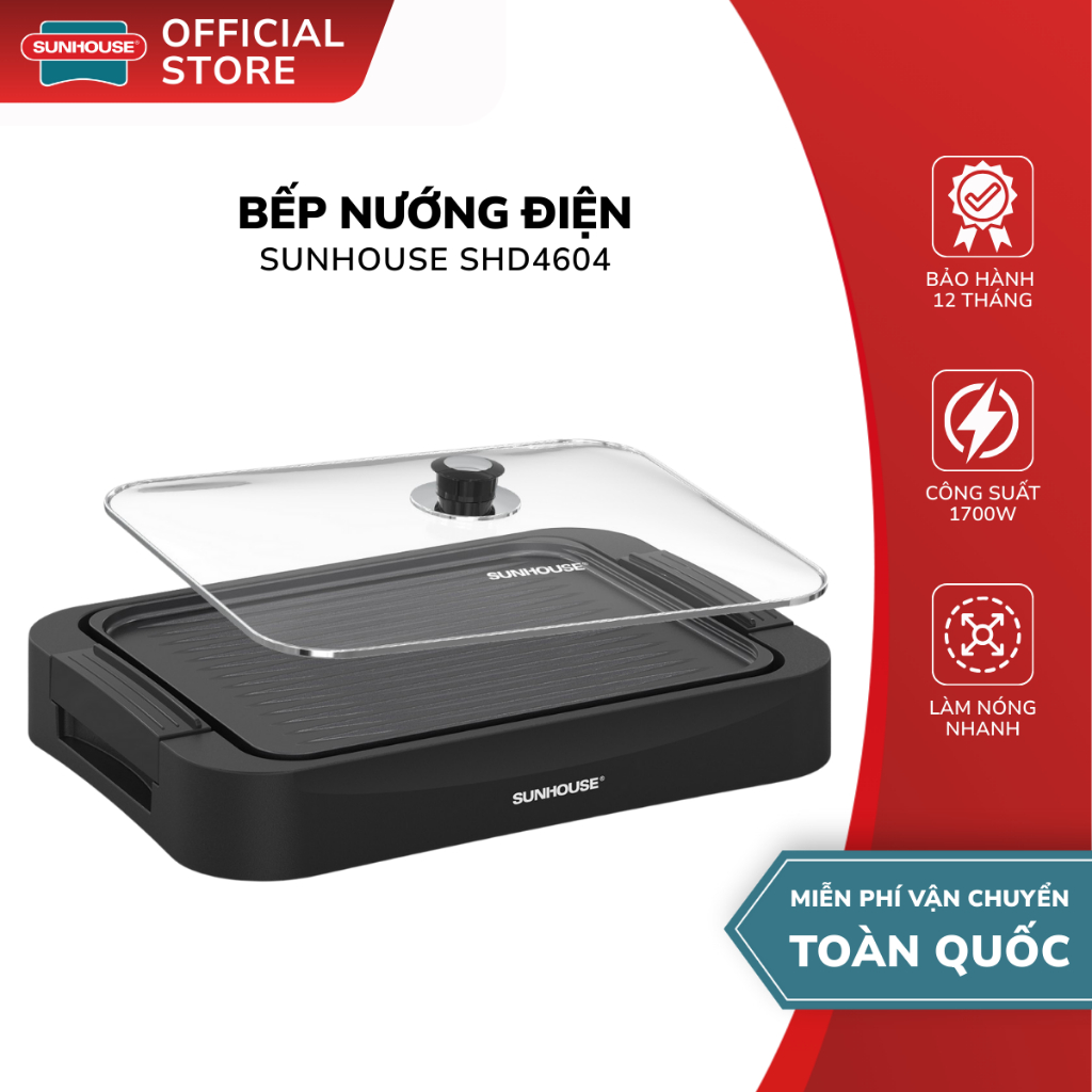 Bếp Nướng Điện Sunhouse SHD4604 - Bảo Hành 12 Tháng, 1700W, Nắp Kính Cường Lực,Phủ Chống Dính PTFE