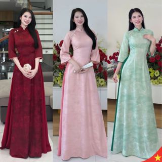  Áo dài nữ Gấm Phong Sơn truyền thống 2 tà đính hoa sang trọng ôm eo tà A rộng mềm nhẹ mặc lễ tân giáo viên đồng phục 