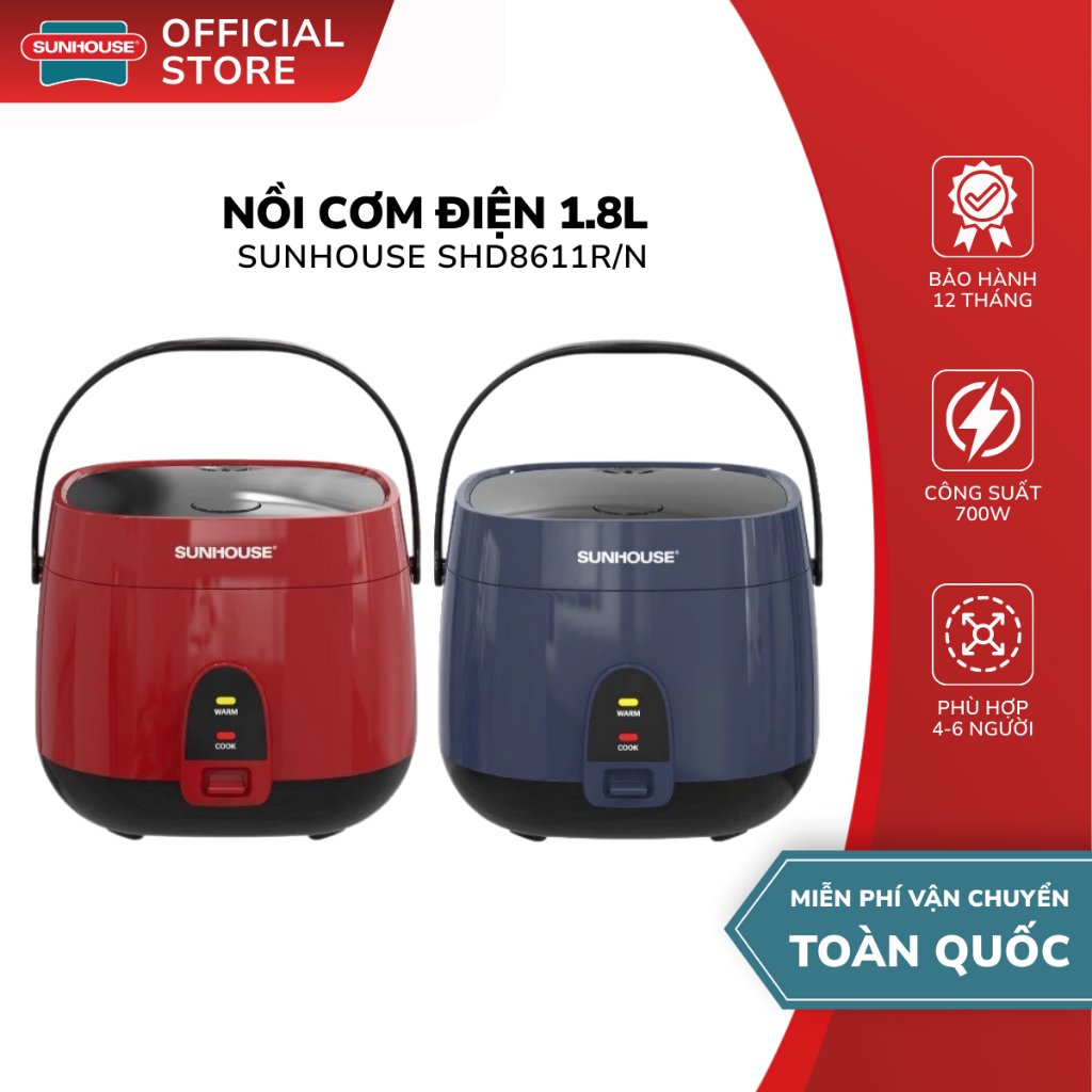 Nồi Cơm Điện Sunhouse SHD8611N/SHD8611R - Dung Tích 1.8L , Công Suất 700W , Bảo Hành 12 Tháng