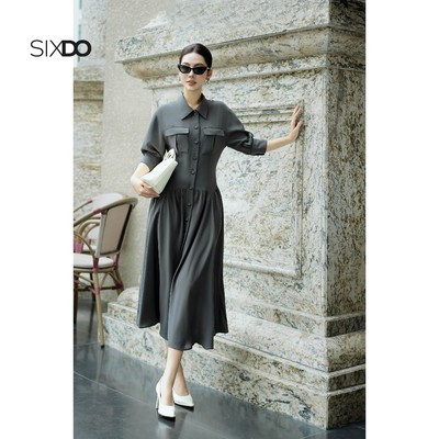 Đầm xanh dáng xòe tay lửng phối túi ngực SIXDO (Dark Olive Green Woven Flared Dress)