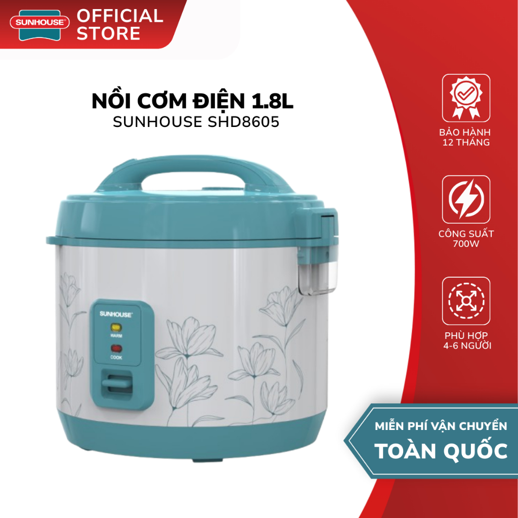 Nồi Cơm Điện 1.8L Sunhouse SHD8605 - Công Suất 700W, Lòng Nồi Chống Dính, Bảo Hành 12 Tháng