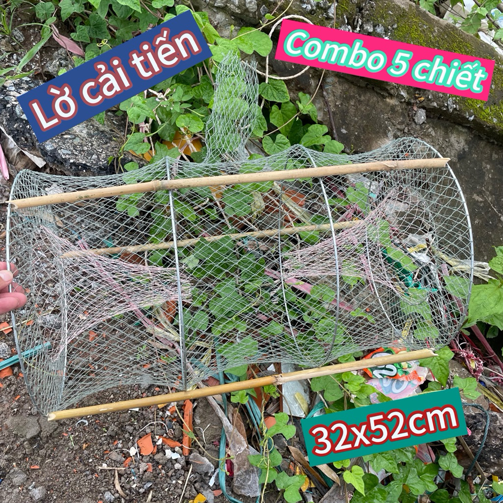 Combo 5 chiết lờ cá, lờ cải tiến 4 vòng kẻm, lờ lộp bắt cá 32x52cm Kèm 15 thanh tre chống