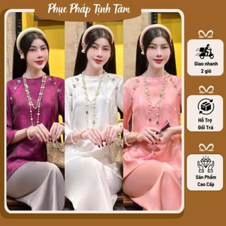 Bộ Đi Lễ Chùa, Pháp Phục Nữ Lụa Cổ Tròn Đính Hoa Đá Gấm Phượng Đằng Cao Cấp- Pháp Phục Tịnh Tâm