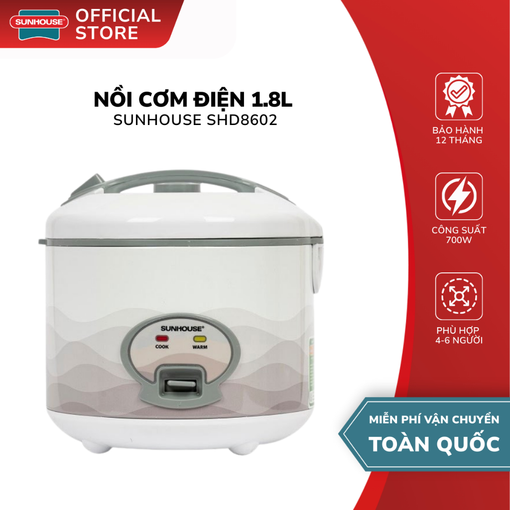 Nồi Cơm Điện Sunhouse SHD8602 - Dung Tích 1.8L , Công Suất 700W , Bảo Hành Chính Hãng 12 Tháng