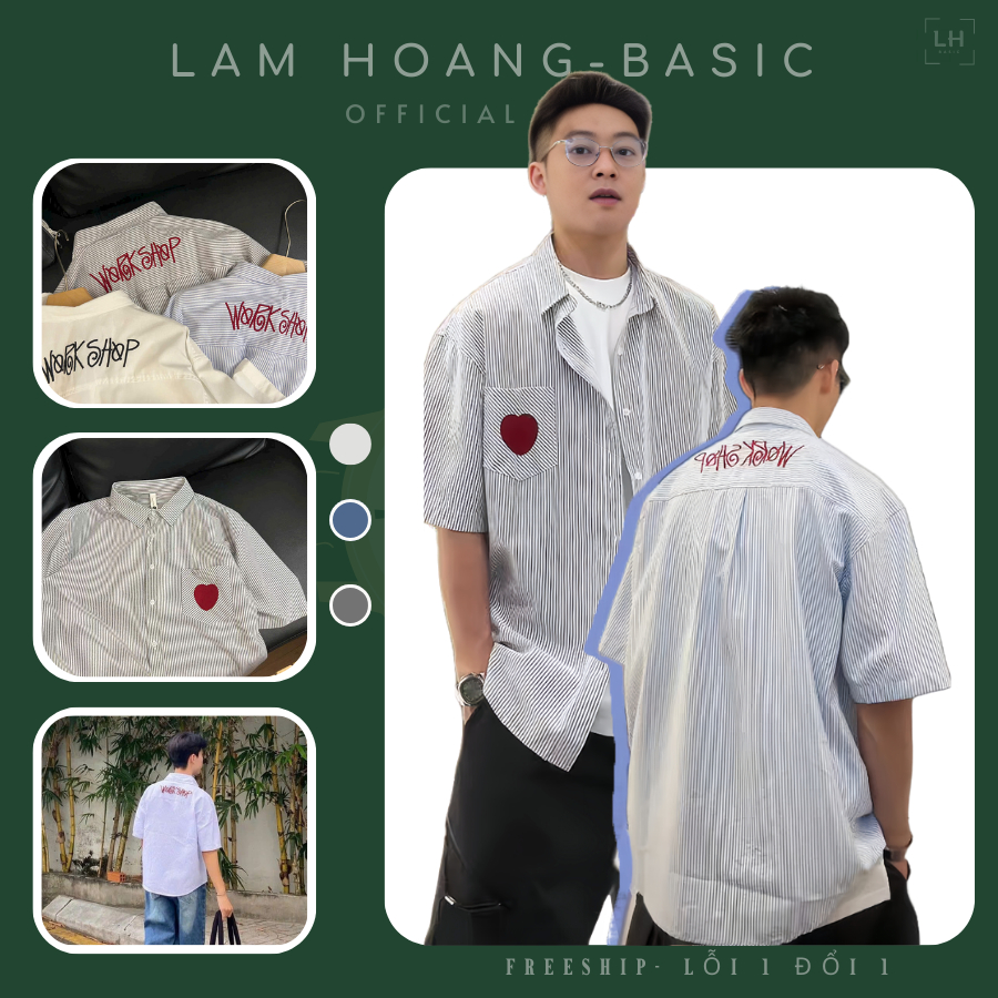 Áo Sơ Mi Tay Ngắn Thêu Trái Tim, Chữ Nổi Lưng WORKSHOP, Sơ Mi Cotton Nam Nữ Unisex - LÂM HOÀNG BASIC